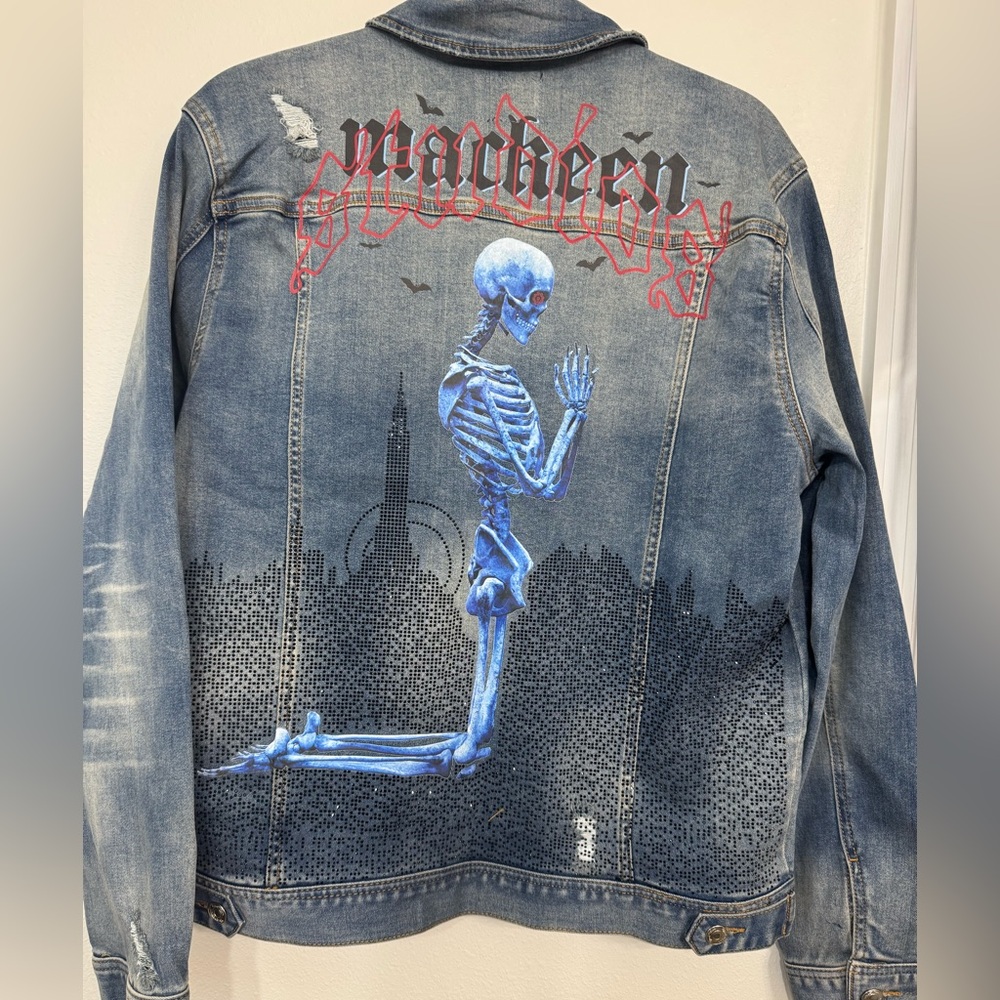 MACKEEN Men's Mack Skeleton rhinestone Stretch SLIM FIT Denim Jean Jacket 2XL - Picture 2 of 6